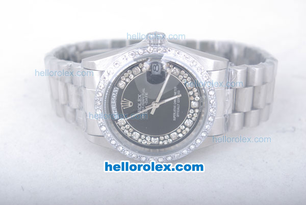 Rolex Day-Date Oyster Perpetual Automatic Diamond Bezel with Black and Plated Diamond Dial-Small Calendar - Click Image to Close